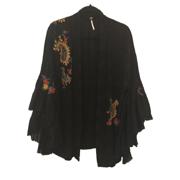 Free People Tops - Free People Black Dottie Fluted Sleeve Embroidered Woven Kimono. Size XS/S